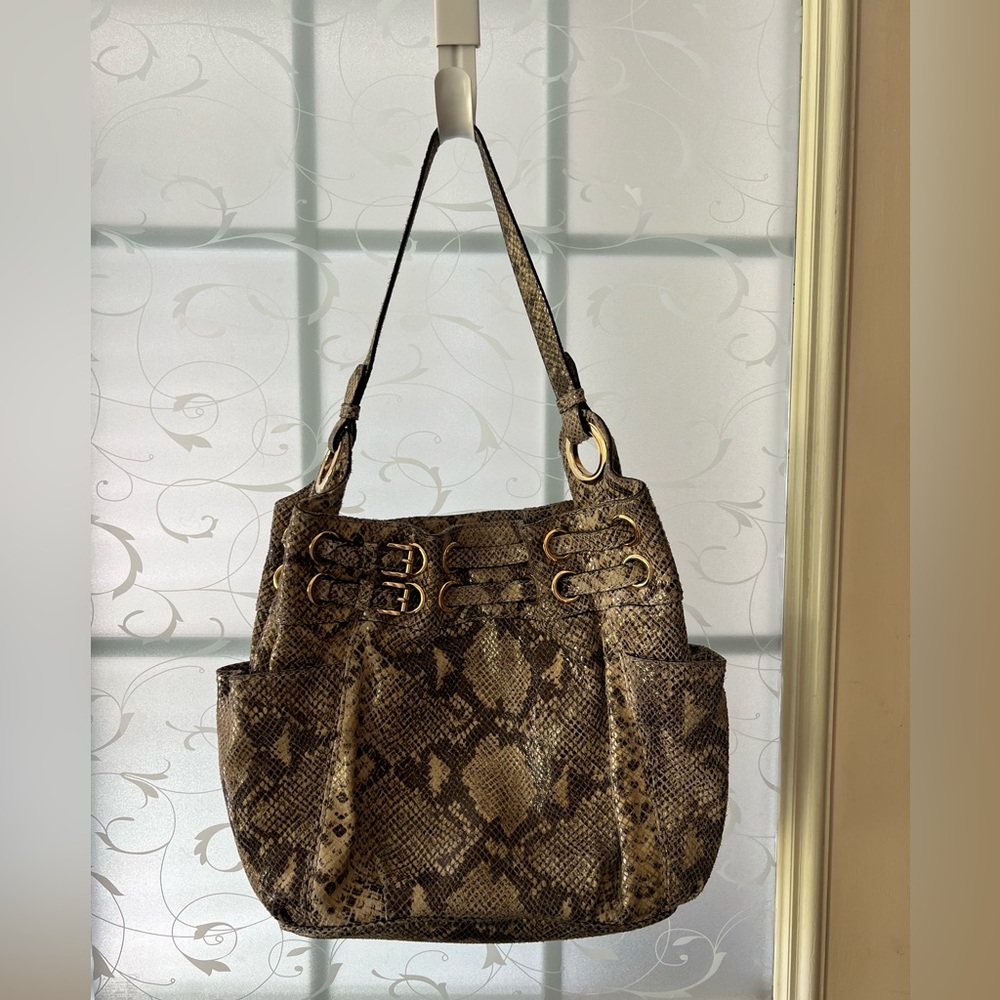 Michael Kors sand color snakeskin leather with gold tone hardware shoulder bag.